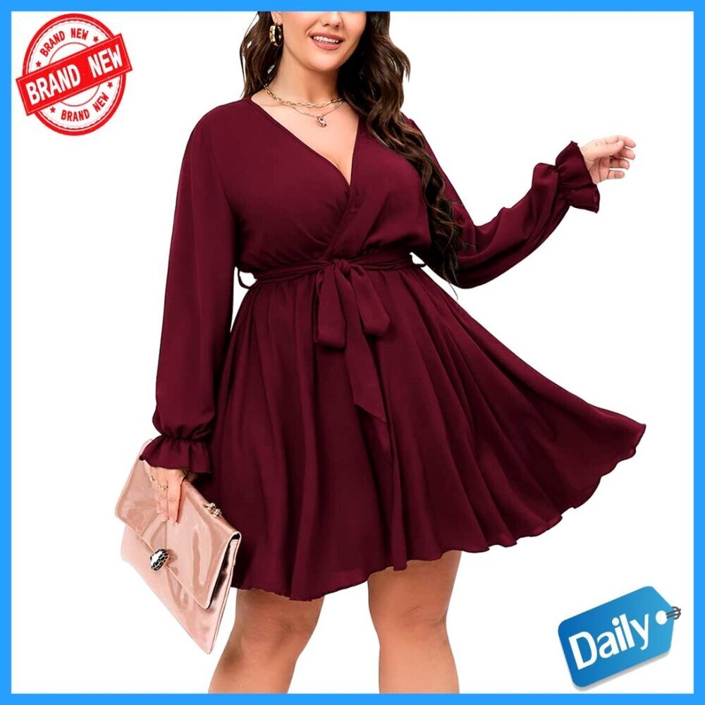 Plus Size Wrap Dress V Neck Long Sleeve A Line Mini Flowy Party Wear